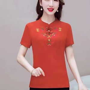 唐装民族风中年女装刺绣上衣夏季中国风复古立领盘扣短袖大码t恤