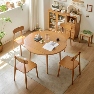 实木餐桌小户型樱桃木色餐厅方变圆形吃饭桌子折叠伸缩餐桌椅组合