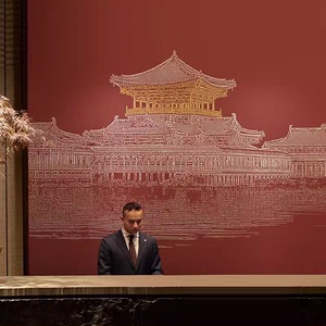新中式国风楼阁墙纸酒店前台背景墙壁纸餐厅饭店足浴会所装饰墙布