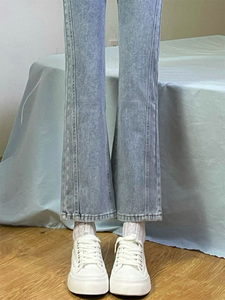 伊芙丽夏季高腰微喇叭牛仔裤女装小个子设计感小众显瘦窄版阔腿直