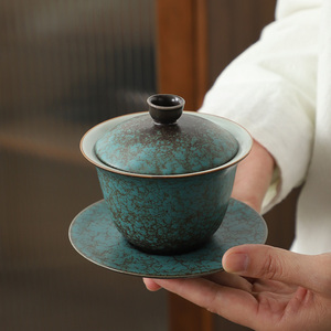 孔雀绿三才盖碗茶杯单个窑变釉仿古禅意泡茶碗陶瓷带盖功夫茶茶具