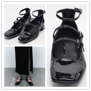 西班牙ZA家2023夏季新款黑色奶奶鞋玛丽珍漆皮搭扣方头高跟凉鞋女