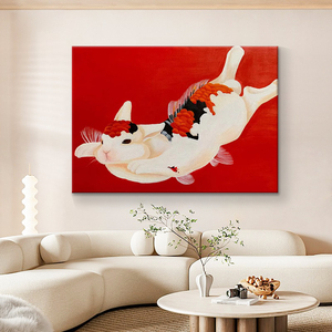 锦鲤鱼兔子纯手绘油画现代新中式客厅装饰画玄关餐厅红色丙烯挂画