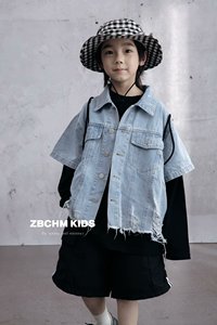 BOLAKUER韩国童装儿童外套2024夏男女童浅色牛仔短袖宽松休闲外套