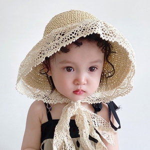 婴儿帽子夏季遮阳帽大帽檐宝宝草帽蕾丝花边女童防晒帽镂空太阳帽