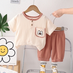 婴儿衣服夏季薄款时尚棉麻短袖休闲外出两件套一岁男女宝宝小童装