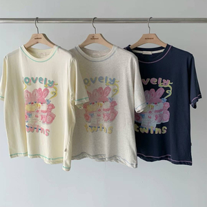 ourmoment韩国东大门正品新款可爱兔子卡通印花明线短袖t恤女夏季