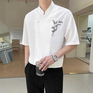 新中式假两件垂感立领衬衫男夏季薄款宽松双领短袖衬衣轻熟风外套