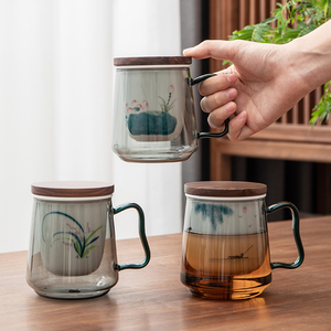 玻璃茶杯个人专用手绘陶瓷内胆过滤大容量办公室泡茶杯茶水分离杯
