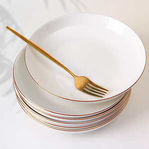天顺陶瓷盘子高级感轻奢菜盘家用骨瓷金边高档欧式八寸菜碟子深盘