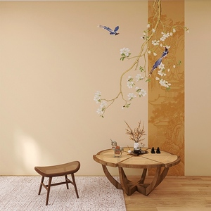 中式古风手绘花鸟意境背景墙纸客厅卧室墙布饭店装修壁画主题壁纸
