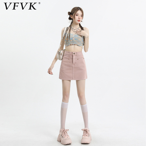 vfvk粉色高腰牛仔半身裙女小个子新款2024美式夏季包臀a字短裙子