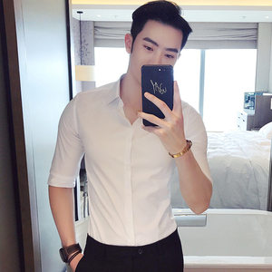 白色短袖衬衫男高级感冰丝商务正装五七分袖韩版潮流修身中袖衬衣