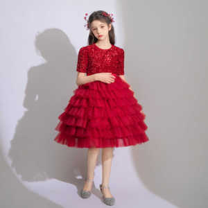 儿童生日礼服女童中袖公主裙蓬蓬纱裙女孩主持人比赛红色礼服春款