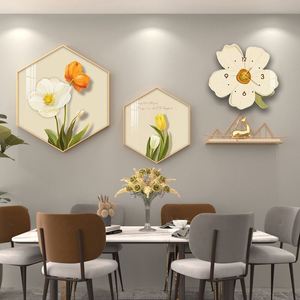 餐厅墙面装饰画简约小清新餐桌挂画北欧风格创意带钟表吃饭厅壁画
