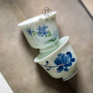 妙山堂 手绘玉兰花茶杯 家用蓝色青花瓷陶瓷品茗杯主人杯单个茶盏