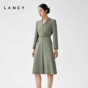 LANCY/朗姿2023秋冬新款翻领羊毛羊绒西装连衣裙子女收腰气质通勤