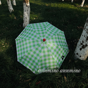 annmino原创/红鼻子绿色格纹雨伞女高颜值遮阳防晒防紫外线长柄伞