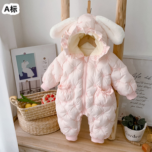 女宝宝冬装0-1岁2新生婴儿夹棉加厚连体衣冬季外出衣服小兔子棉衣