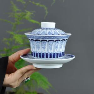茶具卷草纹如玉盖碗单个三才泡茶碗茶杯仿古青花釉陶瓷高档不烫手