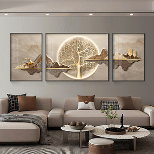 轻奢原木风客厅装饰画大气黄金发财树沙发背景墙挂画高级感壁画