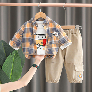 婴儿衣服春秋款格子衬衫外套韩版儿童休闲套装一周岁男宝宝秋装潮
