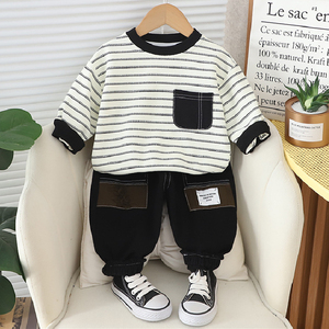 婴儿衣服春季纯棉长袖两件套条纹圆领卫衣套装0一1岁男宝宝春秋装