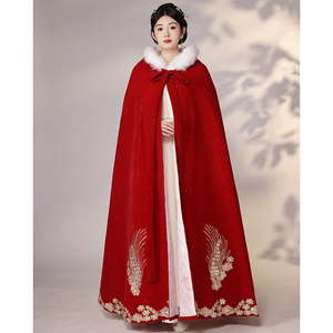 汉服披风女冬季长款古风新娘结婚斗篷加厚加绒保暖毛领红色披肩