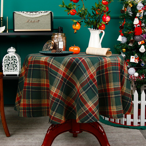 复古格子桌布 全棉英伦风圆桌红盖布美式圣诞茶几餐桌绿格装饰布