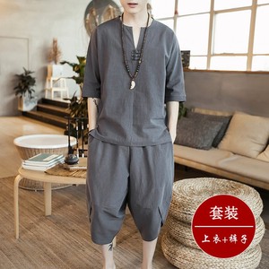 中国风男装亚麻短袖唐装套装棉麻衣男士半袖T恤宽松加肥大码夏季