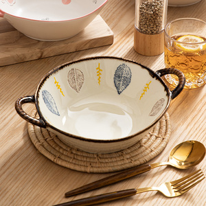 千叶日式双耳碗手绘釉下彩陶瓷餐具家用陶瓷面碗不规则汤碗两个装