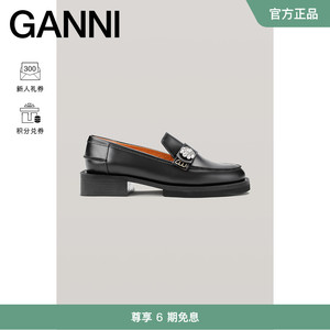 GANNI女鞋 水晶扣黑色皮革方跟乐福鞋莫卡辛鞋小皮鞋 S1174099