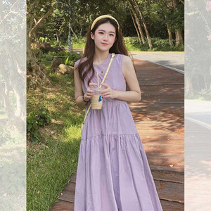 紫色背心连衣裙茶歇法式小个子高级设计感小众收腰显瘦无袖长裙子