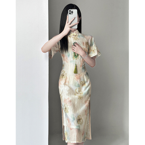 奥黛短袖旗袍改良年轻款小个子民族风茶服气质名媛夏季短款连衣裙