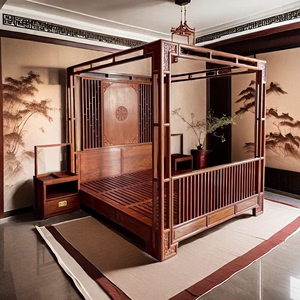 新中式实木红木架子床别墅简约主卧室仿古典拔步床踏步四柱床定制