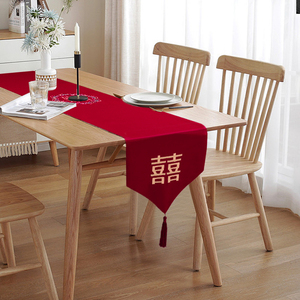 结婚客厅桌旗茶几桌布中式婚礼红色喜字餐桌红布高端婚房装饰布置