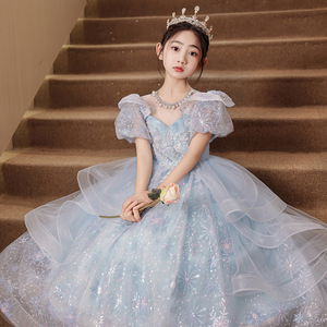 儿童主持人礼服女童夏季蓝色轻奢高端公主裙小女孩钢琴演奏演出服