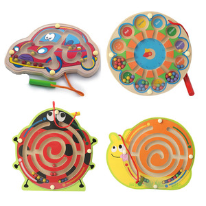 木质蜗牛钓鱼汽车数字钟瓢虫迷宫幼儿园儿童磁性拼图笔走珠玩具