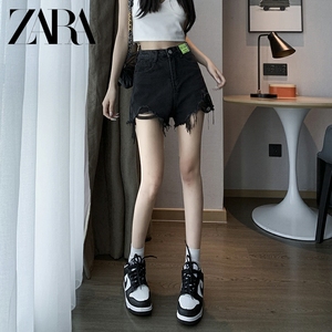 正品ZARA黑色牛仔短裤女毛边高腰夏季2024新款a字显瘦热裤小个子