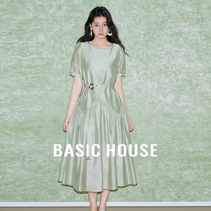 Basic House/百家好天丝连衣裙纯色小众设计感短袖长裙子夏季新款