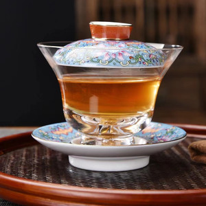 陶瓷珐琅彩玻璃盖碗藏金茶杯大号加厚三才茶碗茶具套装家用泡茶