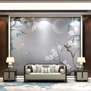 中式电视背景墙布卧室客厅墙纸影视墙壁纸冷色系花鸟大气无缝壁画