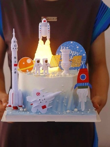 宇航员蛋糕装饰摆件宇宙飞船带灯火箭宝宝周岁星球插件航天飞机