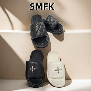 SMFK抛光小羊皮厚底一字拖黑面包拖鞋夏季新款黑气球皮质外穿凉鞋