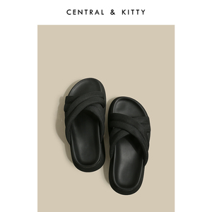 CENTRAL&KITTY 黑色罗马编织拖鞋女夏季外穿凉鞋厚底法式气质凉拖