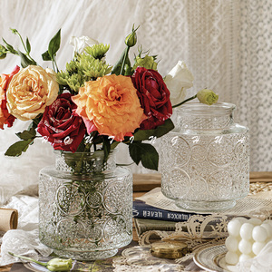 欧式浮雕雪花大口玻璃花瓶透明水养鲜花绿植花器餐桌面摆件插花瓶
