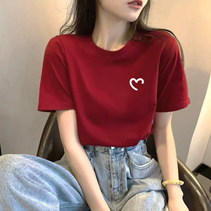 夏季复古红色纯棉短袖t恤女2024新款百搭设计感港风小个子体恤潮
