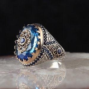 欧美小众高级感饰品复古蛋形海蓝宝石雕刻花纹戒指镶钻男士指环