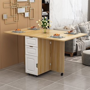 简约现代小户型伸缩折叠枱餐桌长方形移动储物柜简易饭桌椅组合