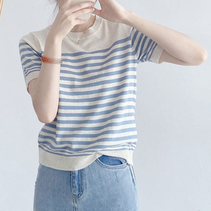 圆领条纹冰丝短袖针织衫女夏季韩版时尚休闲显瘦减龄T恤百搭上衣